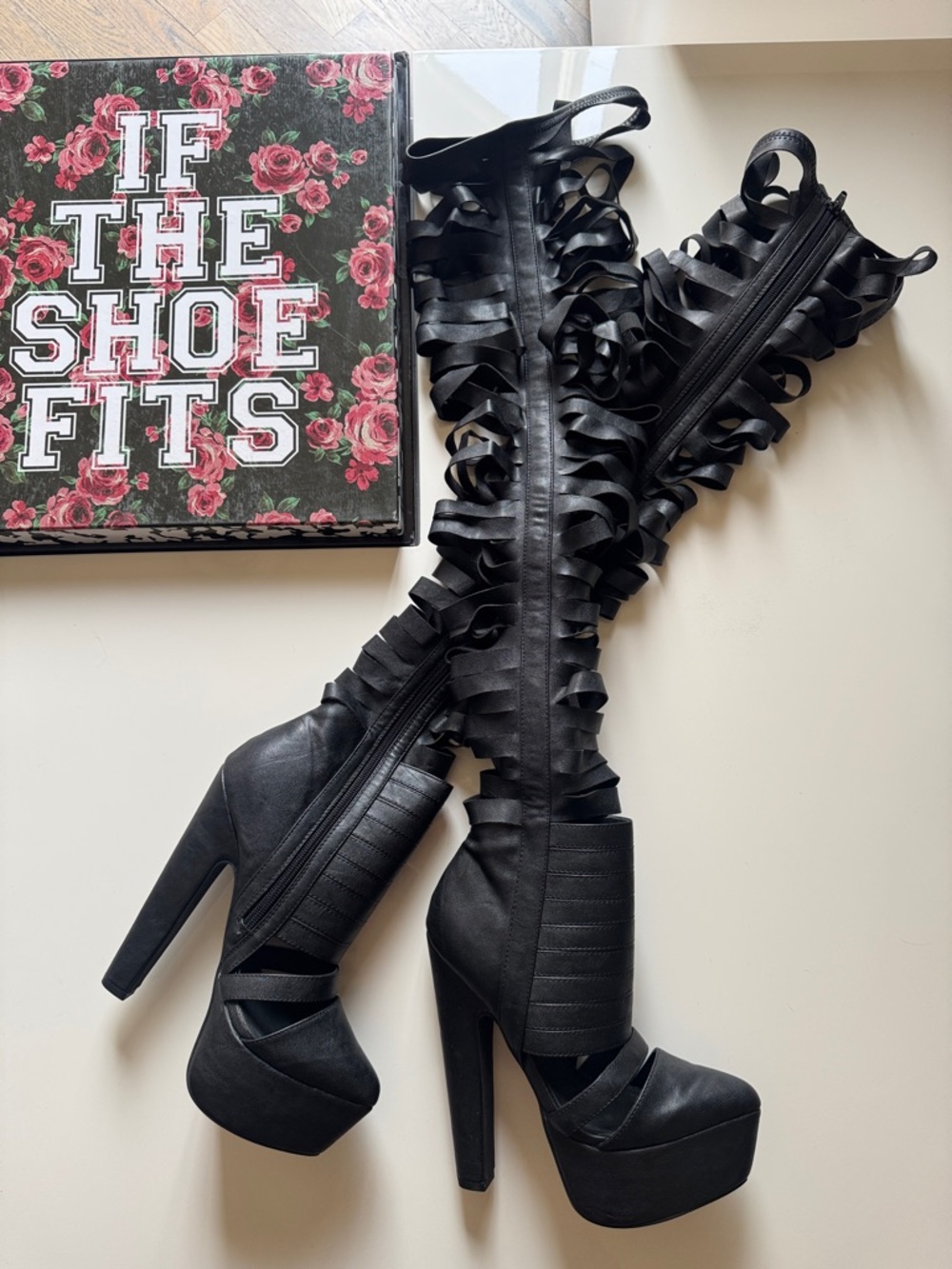 Jeffrey Campbell gashed Platform thigh high boots